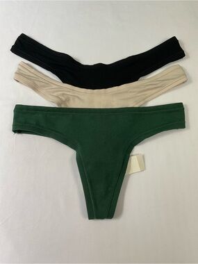 Women’s Basic Stretch Thong - Black, Cream, Green (3-Pack) size XS